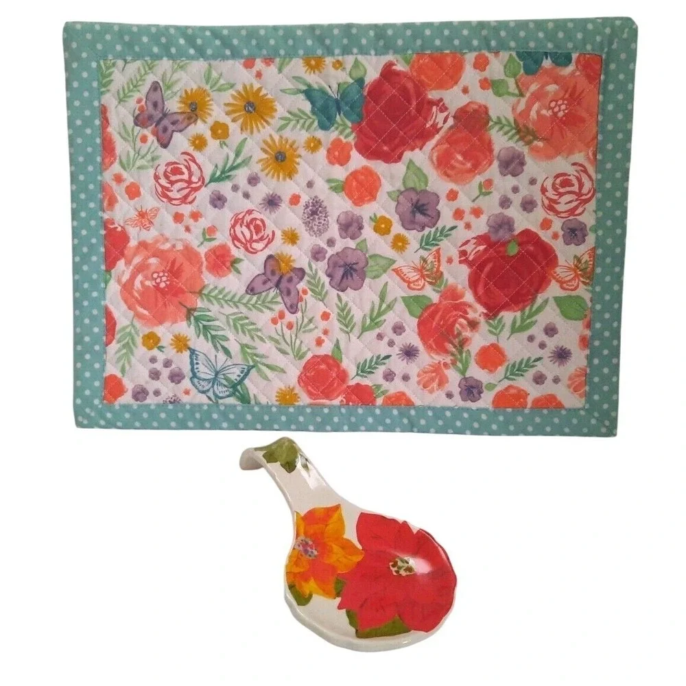 Pioneer Woman Spoon Rest Poinsettia & Celebrate Spring‎ Together Placemats 3pc